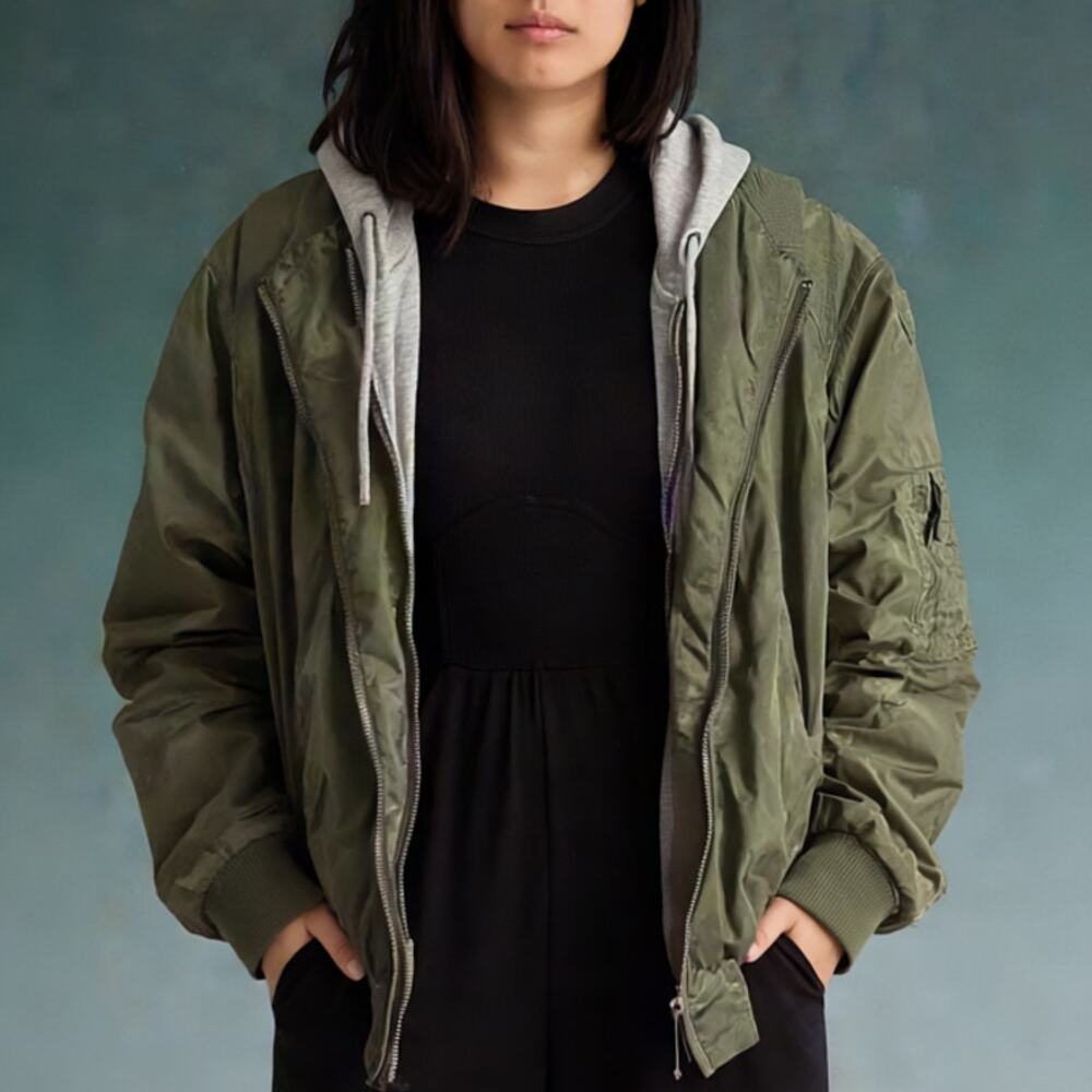 Obey Propaganda Army Green Leather Bomber Jacket with Light Grey Hood - Size XS